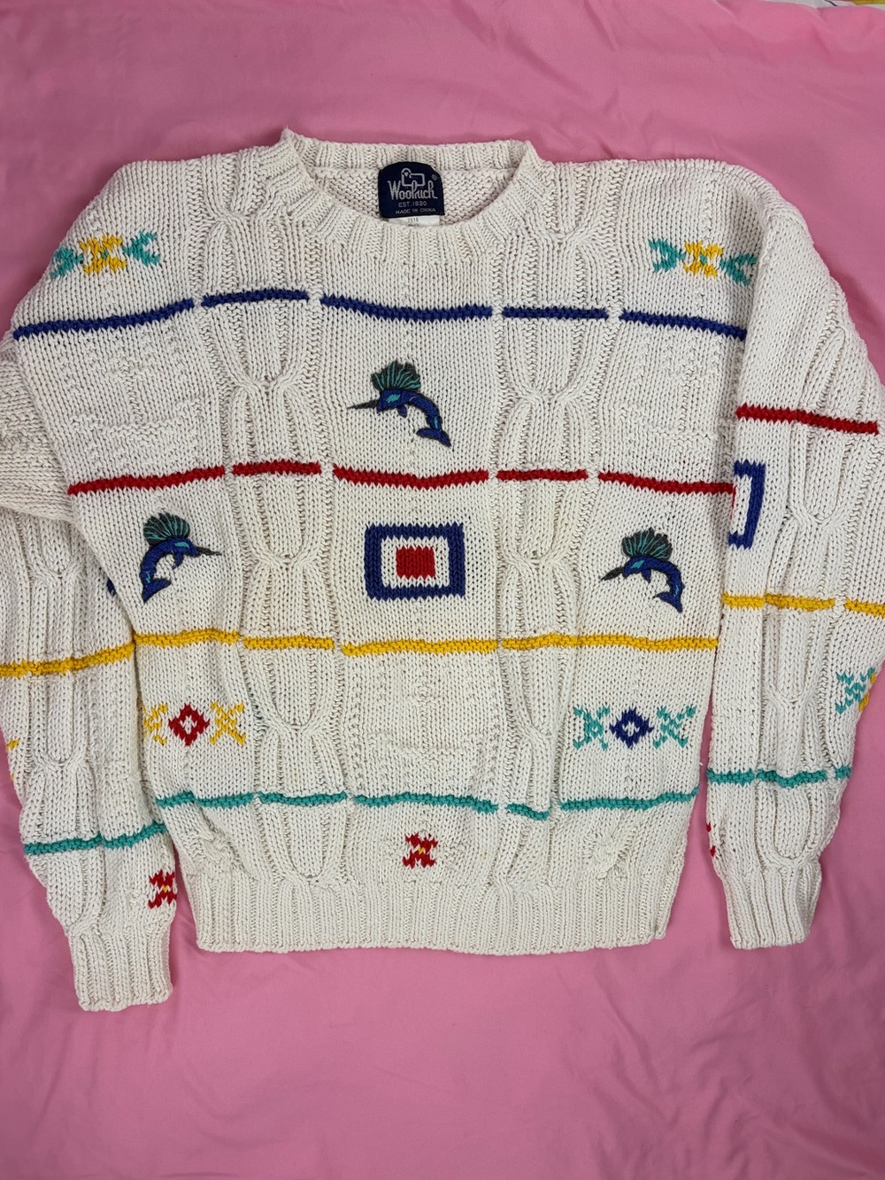 Woolrich Cream Chunky Cable Knit Crewneck Sweater with Nautical Motifs